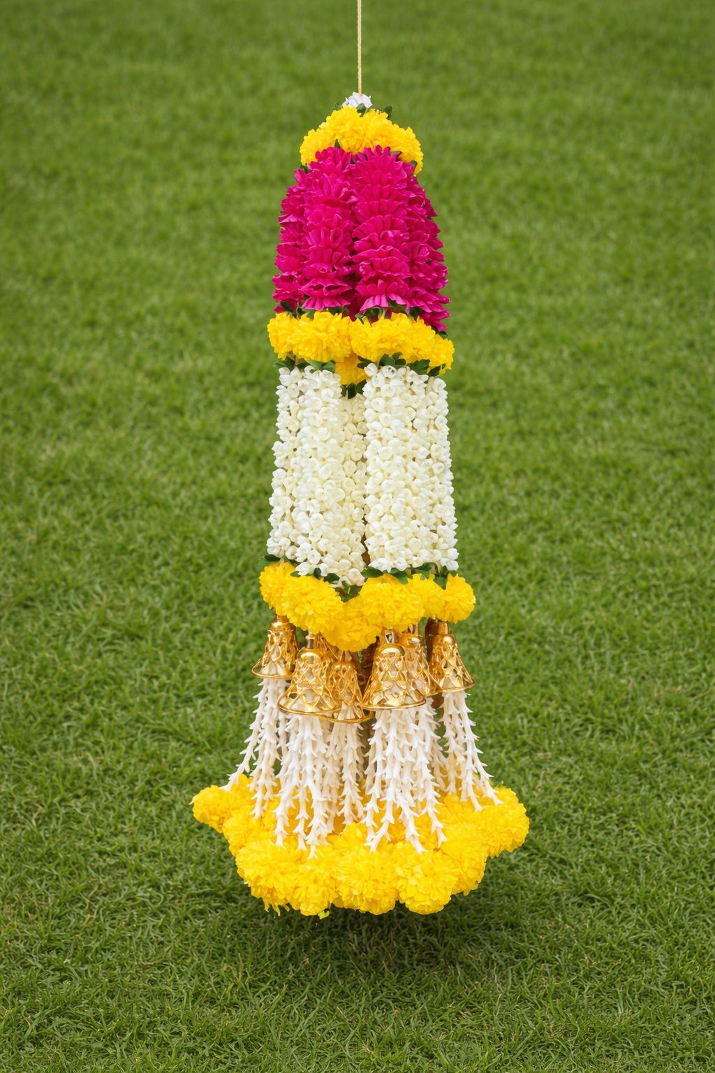 Yellow pink and white floral bell toran
