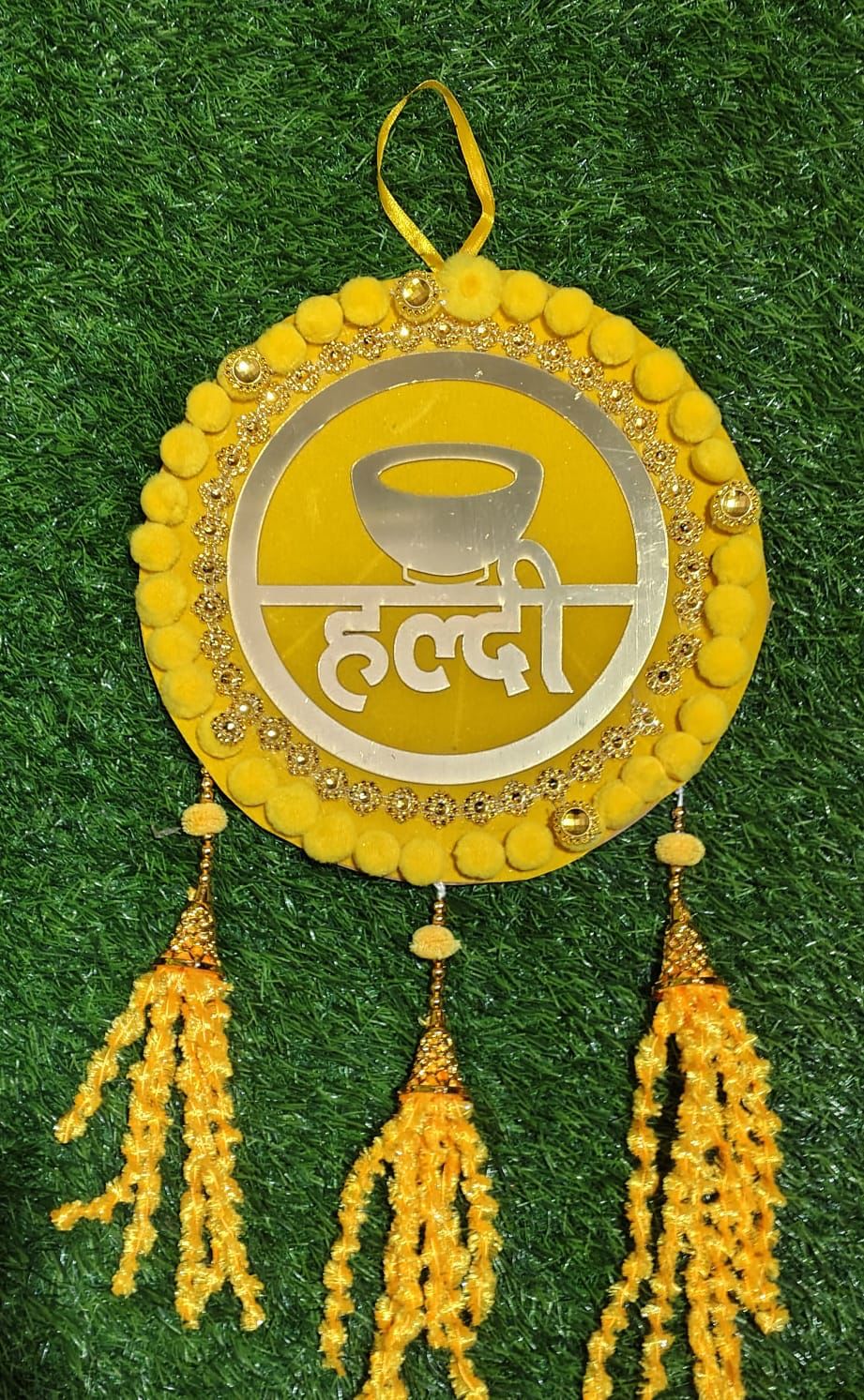 Haldi ceremony hanging signage with mirror work