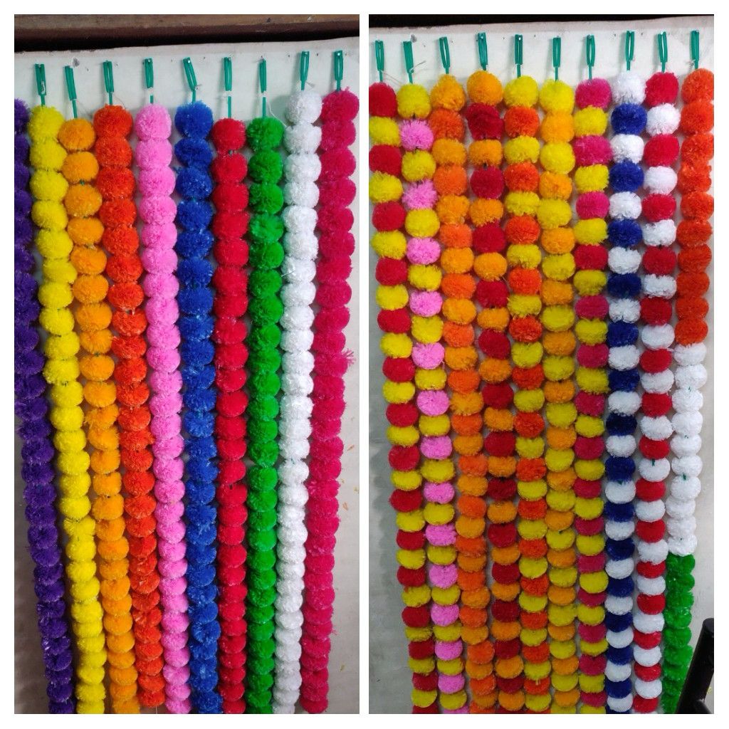 Marigold pom-pom garland strings in multiple colours
