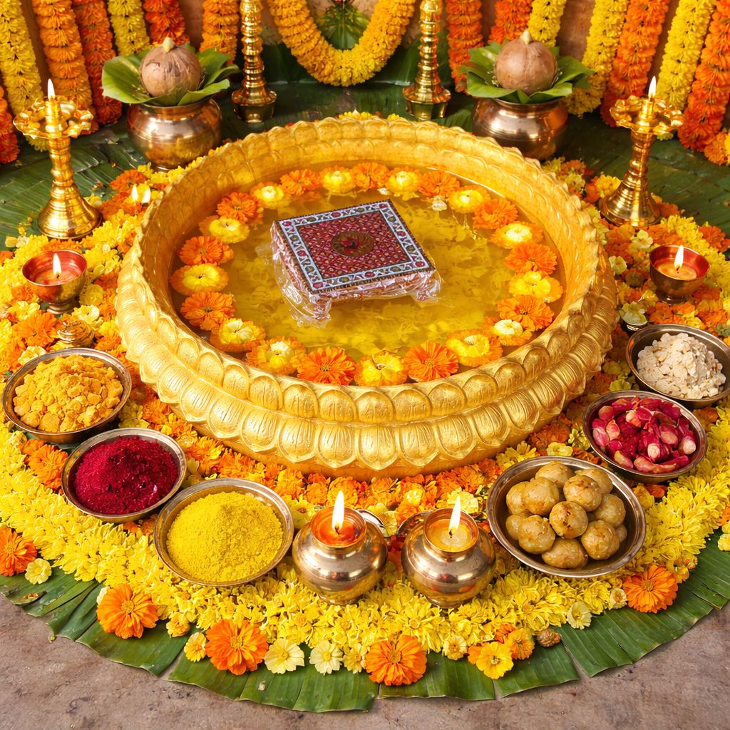 Decorated pooja thali setup with marigolds and brass